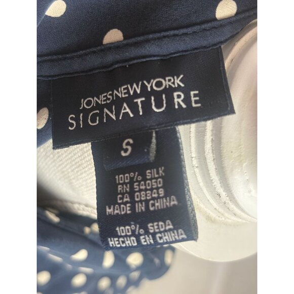 Jones New York Signature Navy Polka Dot Short Sleeve Silk Button-Up Blouse S - Picture 4 of 4
